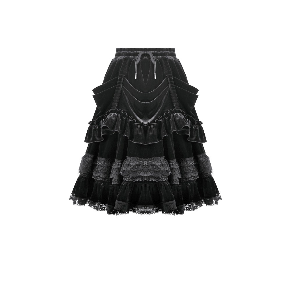 Dark in Love - Dark Lolita in Matte Velvet with Lace Trims Rok - Zwart